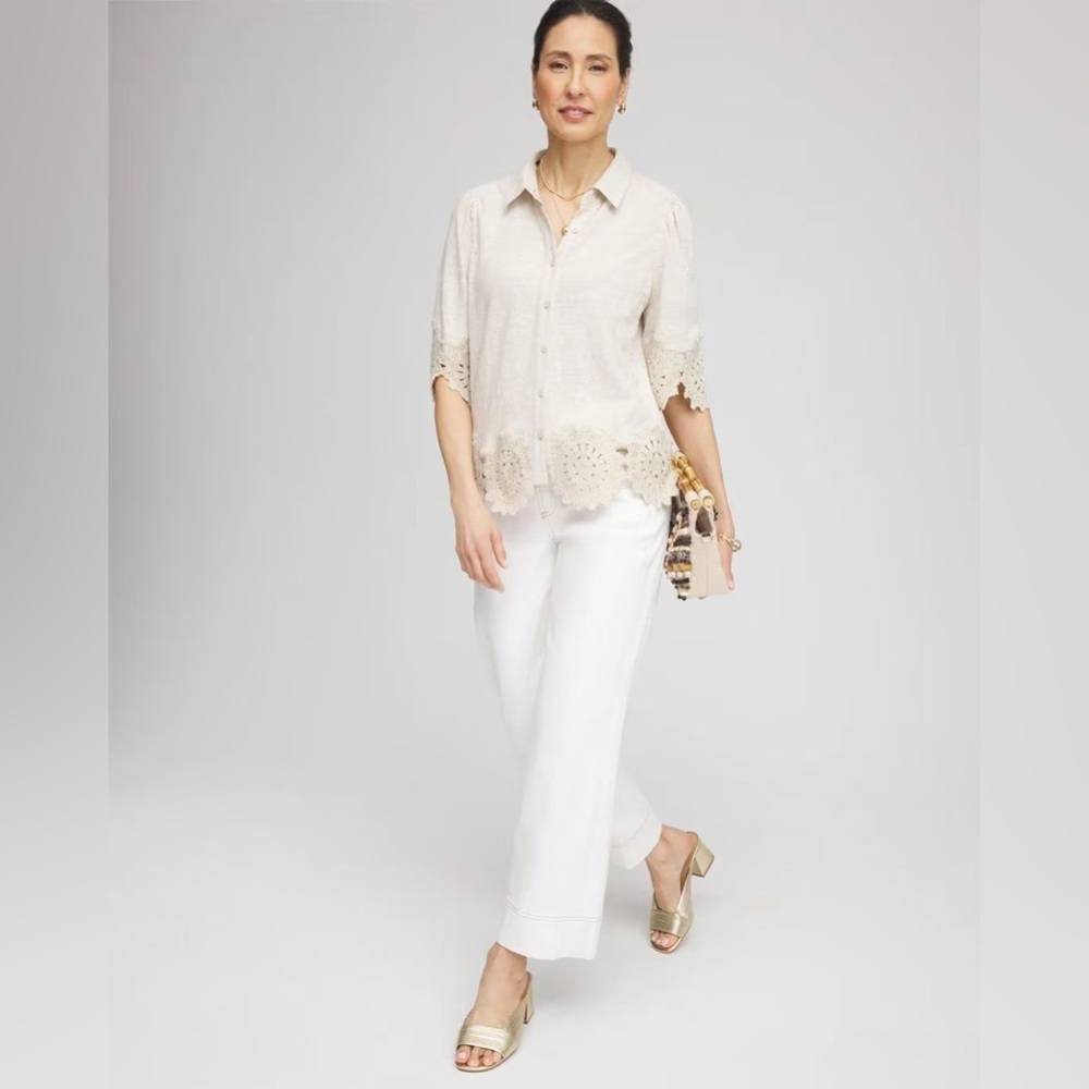 CHICO’S NWT 1 Crochet Trim Linen Shirt in River Rock Neutral Cream Blouse Top 8 - Picture 9 of 12